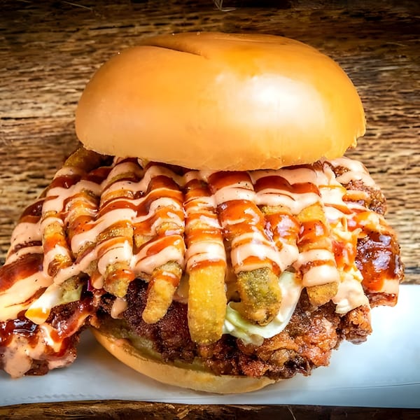 A Fire Nashville Hot Chicken sandwich with crispy fried chicken, fries, and sauces on a bun.
