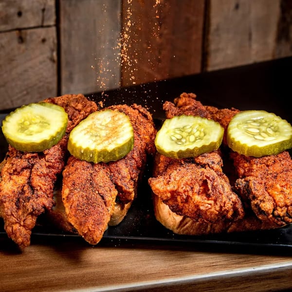 Four Nashville hot chicken tenders on buns with pickle slices, seasoning falling from above.