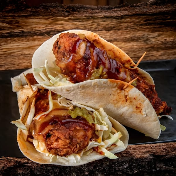 Two Fire Nashville Hot Chicken tacos with fried chicken, slaw, and sauce on a dark plate.