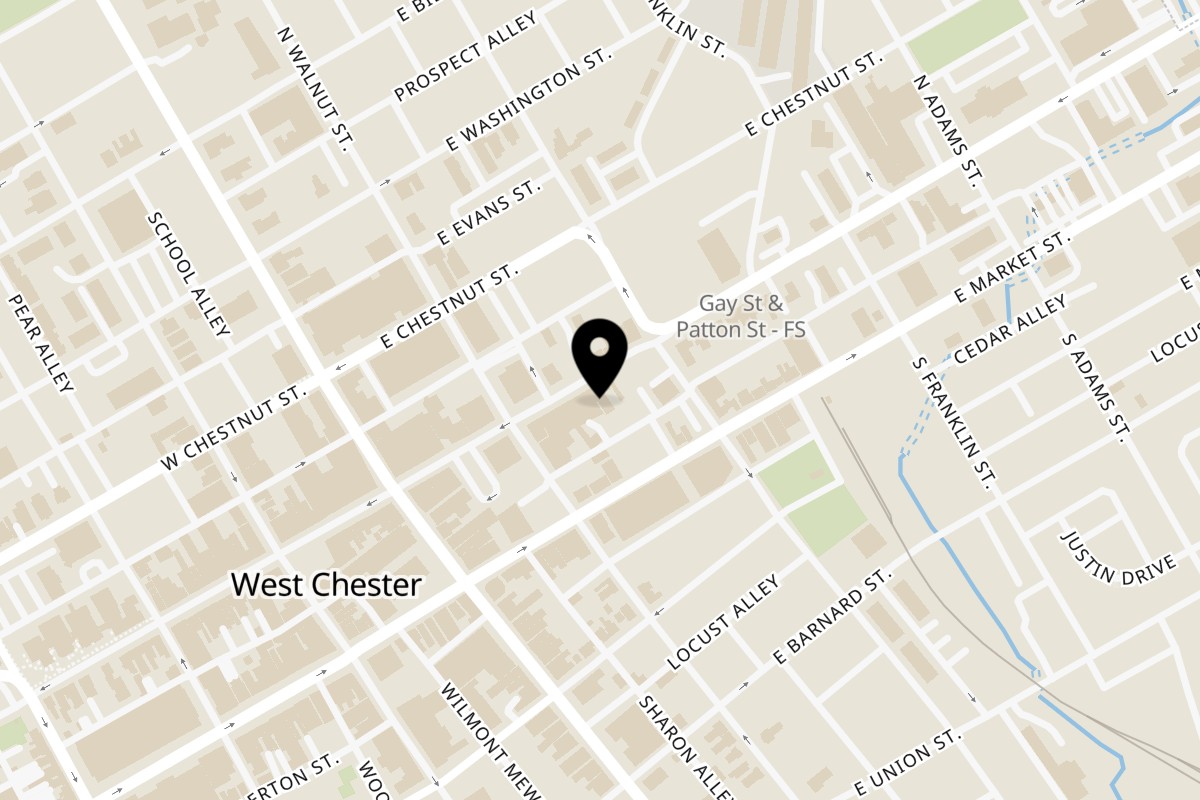 Map showing the location of Fire Nashville Hot Chicken on 126 E Gay St in West Chester